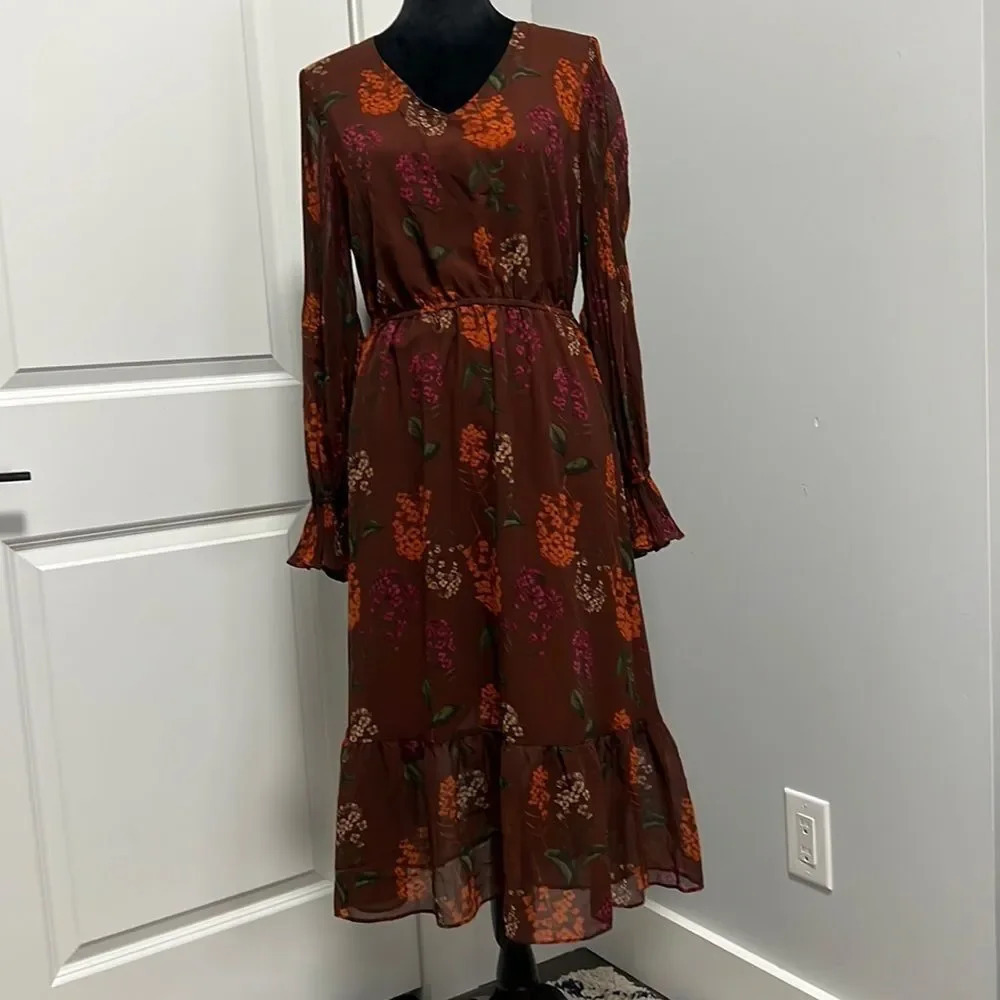 Gibson * Latimer Floral Brown Long Sleeve Midi Boho Dress size Small - Picture 2 of 9